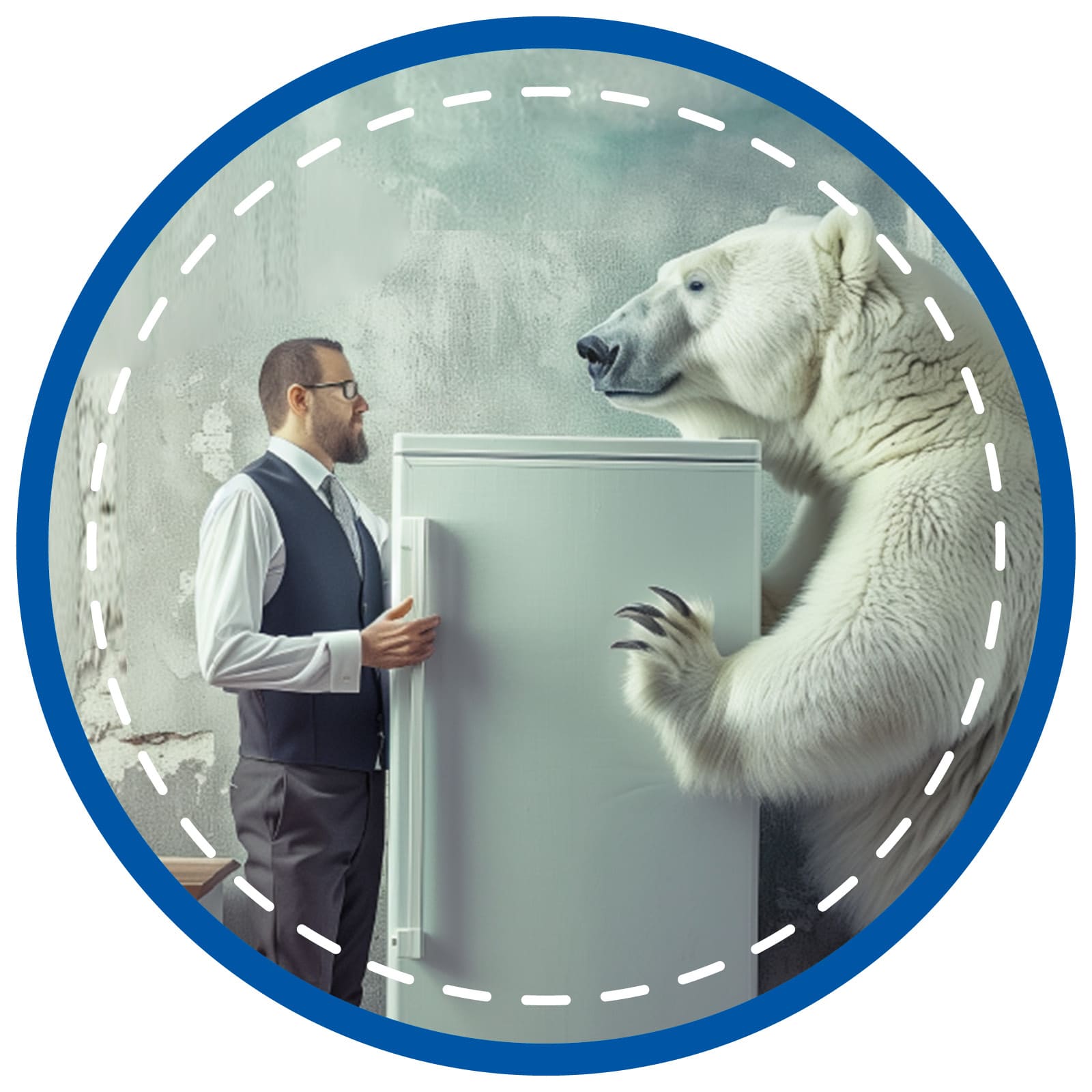 Zu sehen ist ein Mann und ein Eisbär. In der Mitte von denen steht ein Kühlschrank