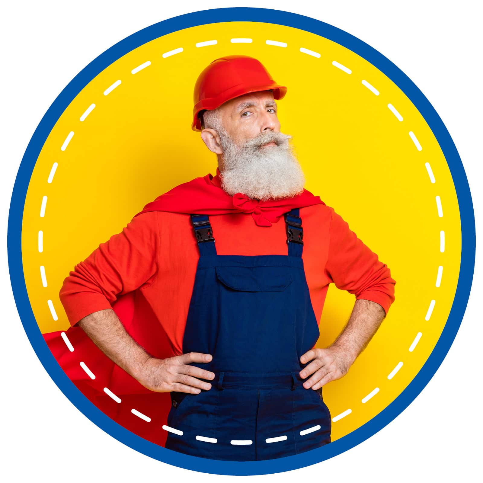 zu sehen ist ein älterer Mann mit Umhang und Baustellenhelm 