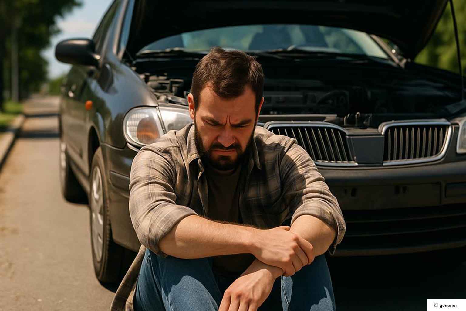 zu sehen ist ein trauriger Mann, der auf dem Bordstein sitzt, im Hintergrund ist ein kaputtes Auto