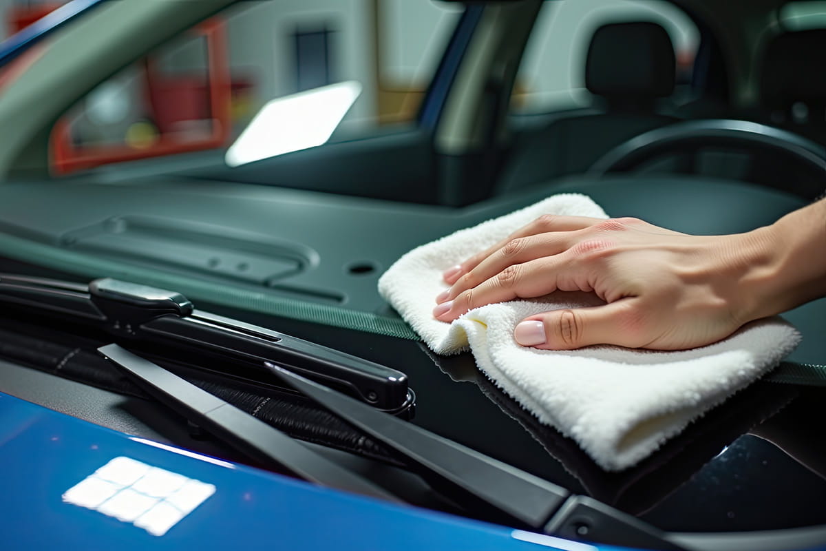 zu sehen ist eine Hand, die ein Auto poliert